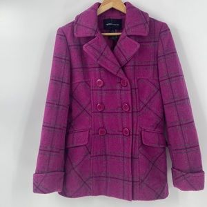 Moda International magenta pink plaid wool blend double breasted jacket coat